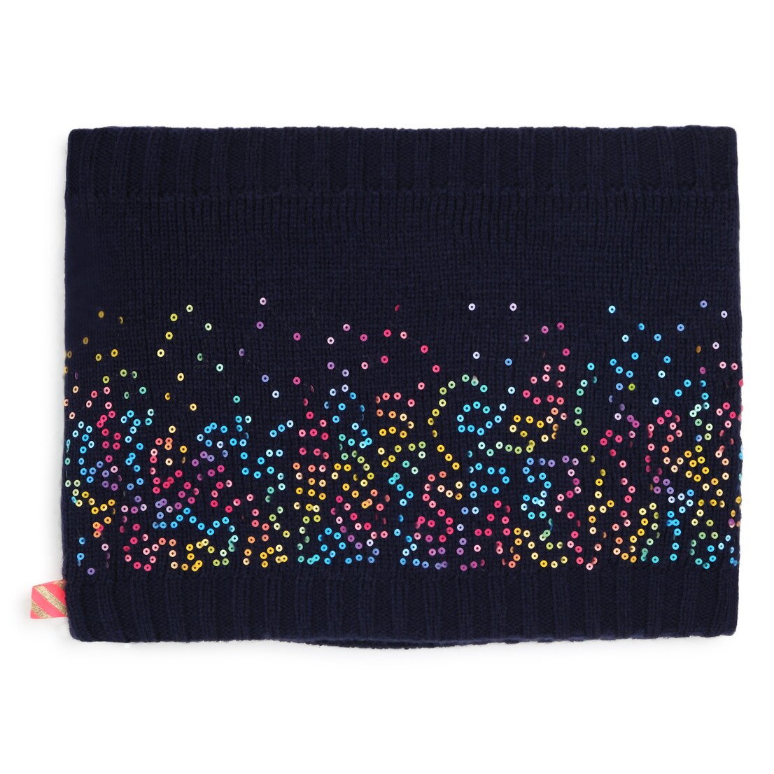 Snood. Sequins on acrylic knit. Glitter silicone b