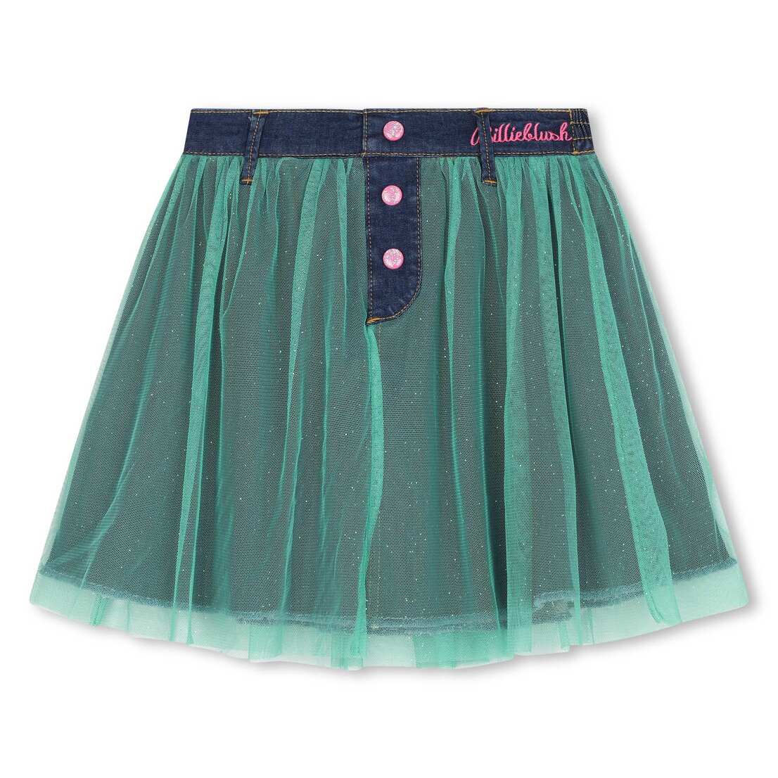 Denim skirt with glittered mesh on the top, elasti