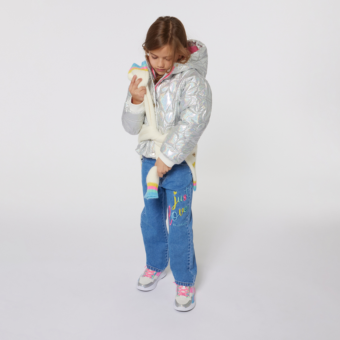 Hooded polyester puffer jacket, quilted iridescent