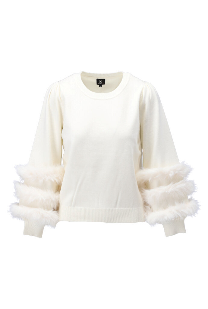 Crew neck sweater with fur cuff